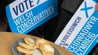Welsh cakes and Welsh Conservative campaign placards