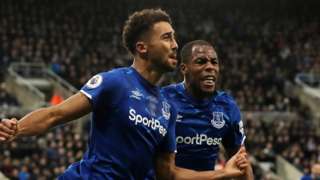 Dominic Calvert-Lewin (left) celebrates scoring for Everton at Newcastle