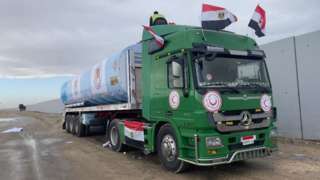 A fuel trucks waits on the Egyptian side of the Rafah crossing, waiting to enter the Gaza Strip on 15 November