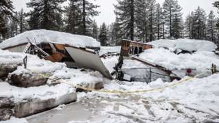 A collapsed building due to the recent snow storms is seen in Tahoe City