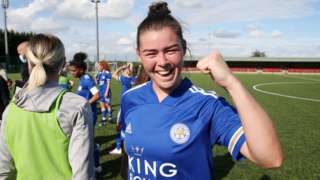 Natasha Flint celebrating after Leicester beat Blackburn Rovers