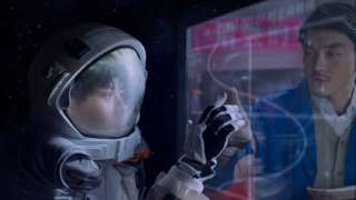 A photo by Cao Fei showing an astronaut touching a glass pane with a person on the other side