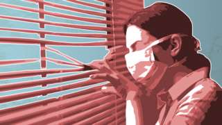 Ilustración mujer con mascarilla mirando por la ventana.