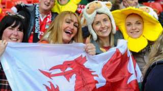 A group of rugby fans with daffodils and sheep and Wales flags