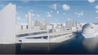 CGI image of the proposed terminal with a sloping roof design