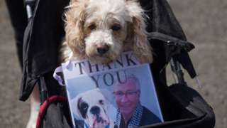 A dog on the funeral route in a pram and a picture of Paul O'Grady with the words "Thank you"