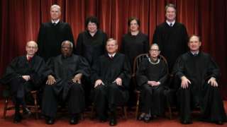 United States Supreme Court (Front L-R) Associate Justice Stephen Breyer, Associate Justice Clarence Thomas, Chief Justice John Roberts, Associate Justice Ruth Bader Ginsburg, Associate Justice Samuel Alito, Jr., (Back L-R) Associate Justice Neil Gorsuch, Associate Justice Sonia Sotomayor, Associate Justice Elena Kagan and Associate Justice Brett Kavanaugh pose for their official portrait at the in the East Conference Room at the Supreme Court building November 30, 2018 in Washington, DC