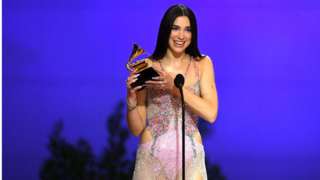 Dua Lipa accepts the Best Pop Vocal Album during the 63rd Annual Grammy Awards.
