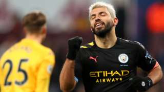Sergio Aguero celebrates scoring for Manchester City against Aston Villa