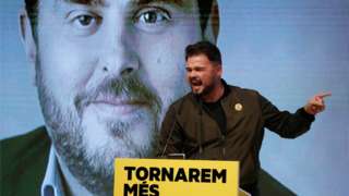 Candidate of Catalan pro-independence ERC party for Lower Chamber of Spanish Parliament Gabriel Rufian delivers a speech during an ERC rally at L'Hospitalet de Llobregat, in Barcelona, Spain, 07 November 2019.