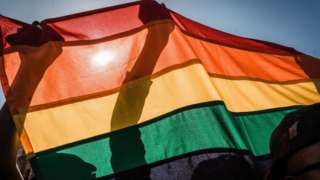 People hold a rainbow flag in the air.