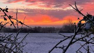 Snow in a field at sunrise