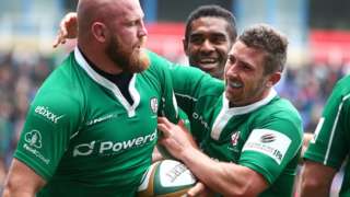 Ben Franks and Brendan McKibbin celebrate a London Irish try