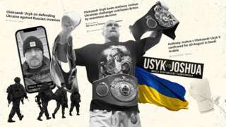 Oleksandr Usyk draped in Ukraine flag and holding his belts
