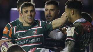 Leicester celebrate Ben White's try against Cardiff Blues