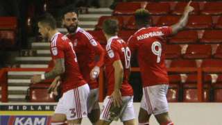 Nottingham Forest celebrate a key goal against Rotherham