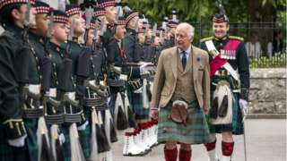 King Charles III inspects the Balaklava Company of the Royal Regiment of Scotland