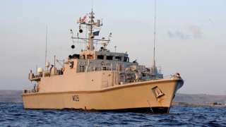 HMS Bangor is pictured in waters near Libya
