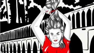 Foroozan's image of a woman cutting her hair in front of an iconic Iranian bridge
