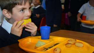 A boy eats a school dinner