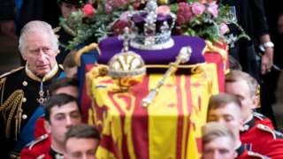 King Charles III and members of the royal family follow behind the coffin of Queen Elizabeth II