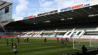 A general view of St. James' Park stadium as Newcastle play a Premier League match against Liverpool behind closed doors
