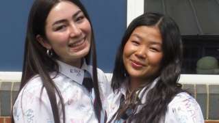 Gwen Evans (left) and her friend Efa on their last day at Ysgol Gyfun Gymraeg Glantaf