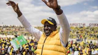 enya's Deputy President and presidential candidate William Ruto of Kenya Kwanza (Kenya first) political party gestures during the rally on the final day of campaigning at the Nyayo National Stadium in Nairobi on August 6, 2022