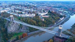 Clifton Suspension Bridge and view of the Cumberland Basin in Bristol