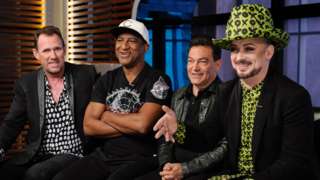 Culture Club (L-R) Roy Hay, Mikey Craig, Jon Moss and Boy George visit "Extra" at Universal Studios Hollywood on June 28, 2016 in Universal City, California.