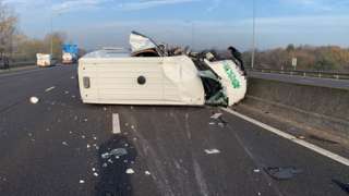 Van overturned on M1 northbound between junction 27, in Nottinghamshire, and junction 28 in Derbyshire