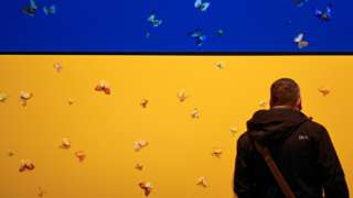 A new piece based on the Ukrainian flag, created by Damien Hirst for the exhibition, Ukraine: Defending Freedom