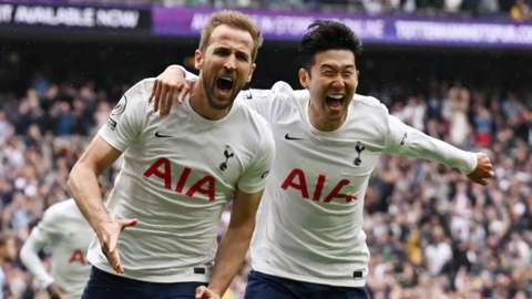 Tottenham forwards Harry Kane and Son Heung-min celebrate after going 1-0 up against Burnley