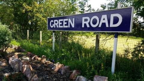 Green Road sign at Green Road train station near Millom, Cumbria