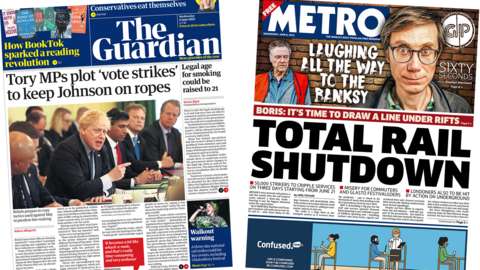 The headline in the Guardian reads, "Tory MPs plot 'vote strikes' to keep Johnson on ropes", while the headline in the Metro reads, "Total rail shutdown"