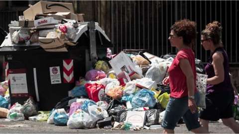 two women walking past pile of rubbish in Rome
