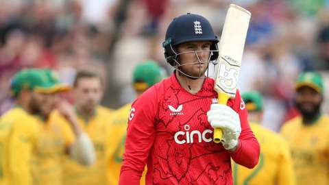England opener Jason Roy trudges off after being dismissed in the third Twenty20 international against South Africa
