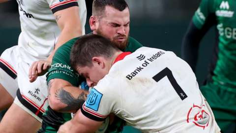 Connacht's Conor Oliver is tackled by Nick Timoney of Ulster