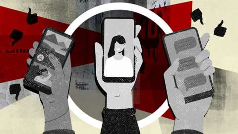 Illustration of three hands holding up mobile phones with indistinct displays against abstract background