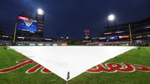 A tarpaulin covers the infield at Philadelphia's Citizens Bank Park