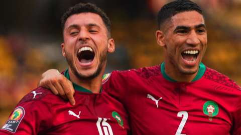 Selim Amallah of Morocco celebrates his goal with Achraf Hakimi