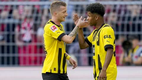 Marco Reus celebrates scoring for Borussia Dortmund against Bayer Leverkusen