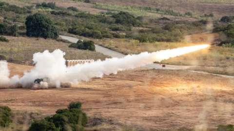 US M142 High Mobility Artillery Rocket System / HIMARS firing a rocket during exercises, California, 2019