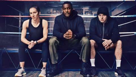 Idris Elba with boxing coaches Rachel Bower (left) and Greg White (right).