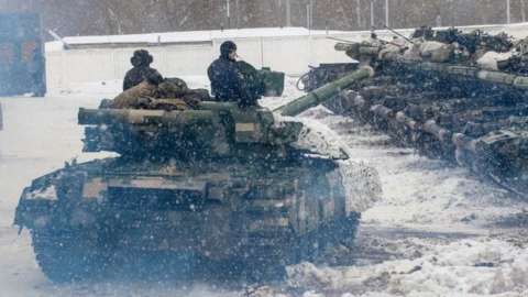 Ukrainian soldiers in a tank
