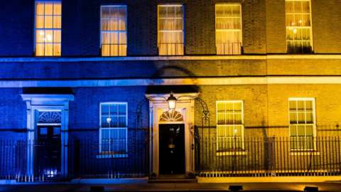 No 10 light up in the yellow and blue of Ukraine's flag