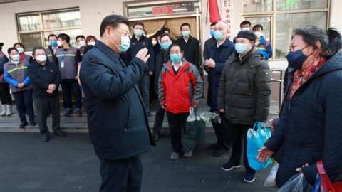 Chinese President Xi Jinping inspects the novel coronavirus prevention and control work at Anhuali Community in Beijing
