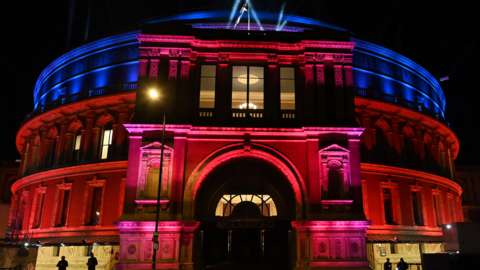 Outside of the Royal Albert Hall lit up