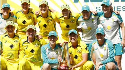 Australia celebrate with Women's Ashes trophy