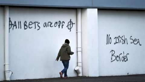 Loyalist graffiti attacking in Larne, Northern Ireland attacking the post-Brexit border checks